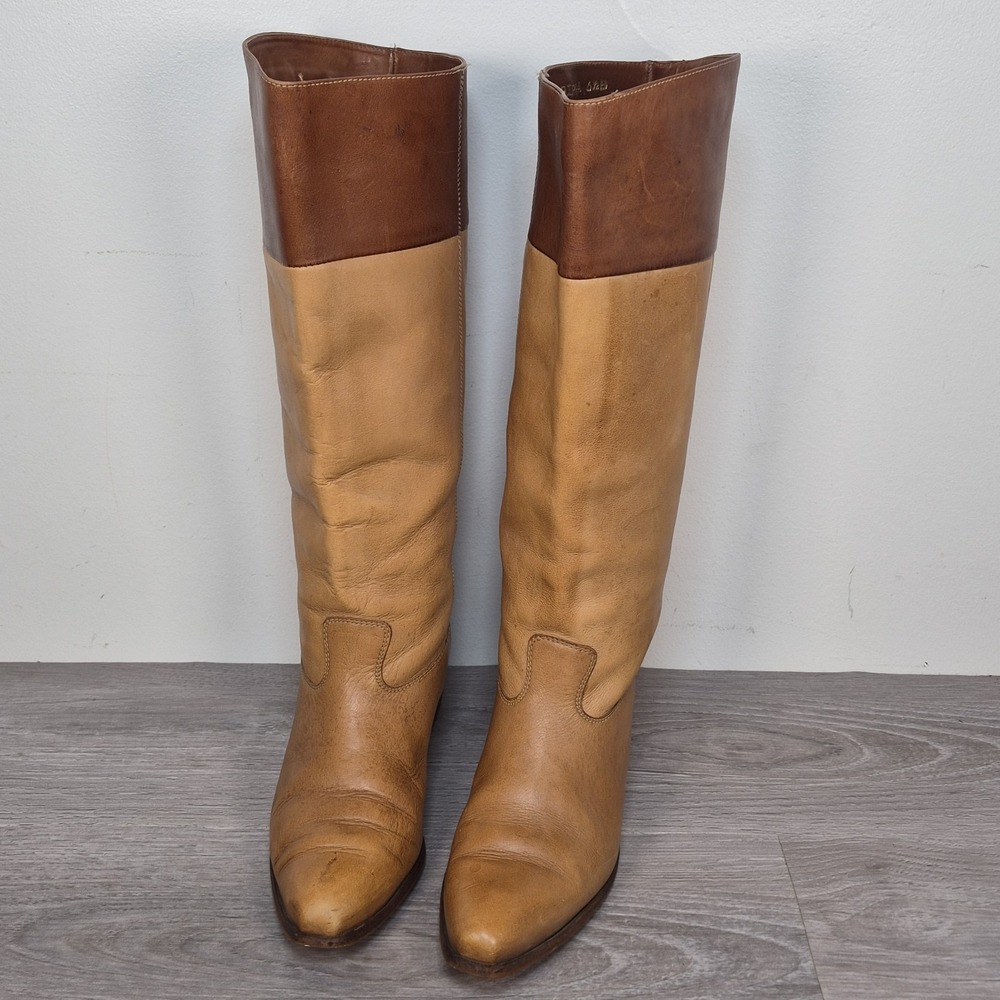 Vtg 9 West Pippa Tan Leather Equestrian Pull On Riding Boots Low Heel Size 6.5 B